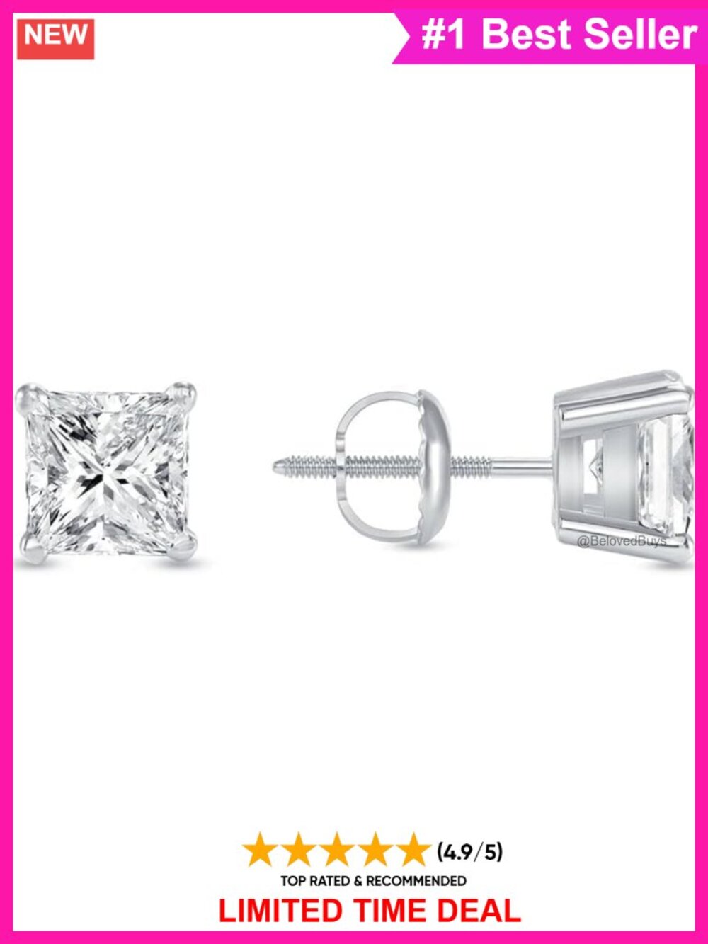 Princess Cut Lab Grown Diamond Stud Earrings 14K White Gold 1 Carat
